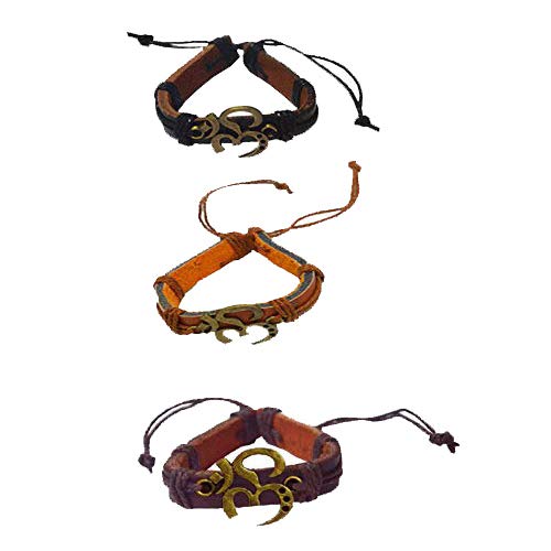 Shimankana Set Of 3 Handmade Om With Cotton Dori Lace Up Brown Gold Leather Bronze Bracelet For Men And Women