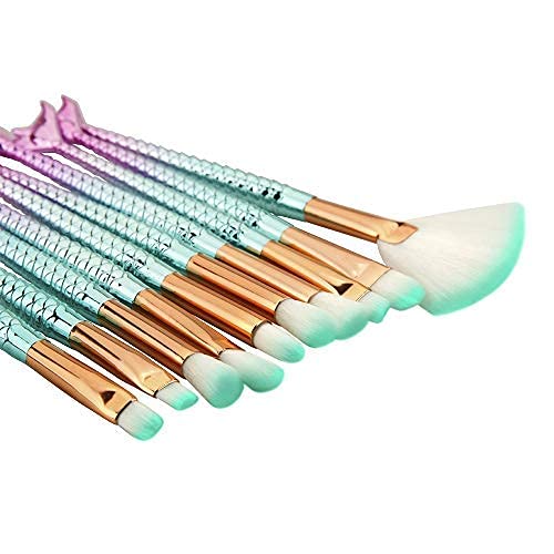 Datnasayad Mermaid Synthetic Fiber Eyeliner Eyeshadow Blending Fish Tail Makeup Brushes Set, (10 Pieces Multicolour, Green)