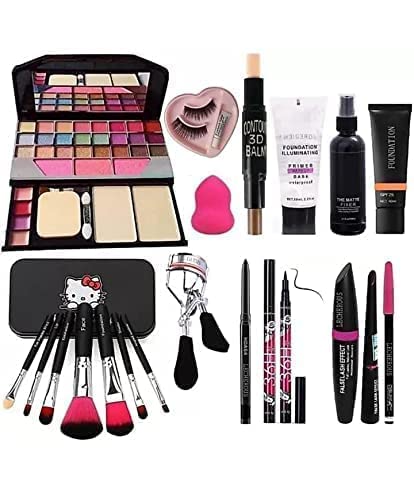 Glowhouse 6155 Makeup Kit And 7 Black Makeup Brushes,Contour Stick,Primer,Fixer,Foundation,Kajal, 36H Eyeliner,Eyelashes & Curle
