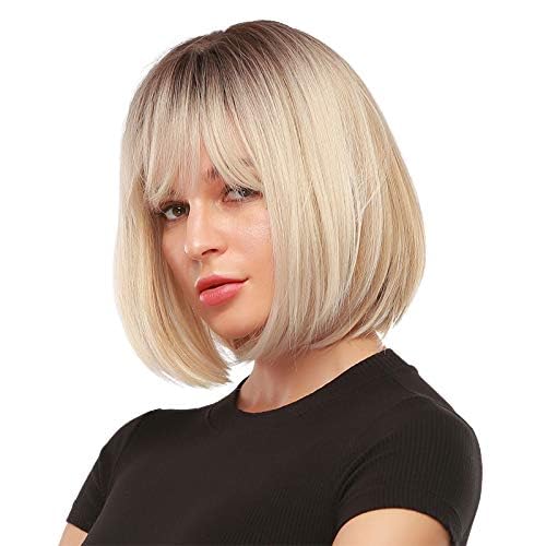 EMMOR Short Ombre Blonde Wig for Women - Natural Synthetic Hair Bob Wigs With Bang, Party Cosplay Daily Use (2pcs Free Wig Cap)