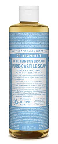 Dr Bronneras - Pure-Castile Liquid Soap(Baby Unscented, 16 Ounce)- Made With Organic Oils, 18-In-1 Uses: Face, Hair, Laundry & D