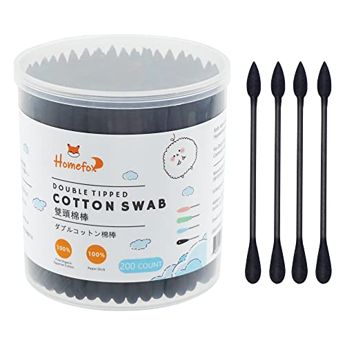HOMEFOX Black Cotton Swabs Precision Pointed - 200 Count Organic Pointy Pointed Cotton Buds Double Side Tightly Wrapped Charcoal