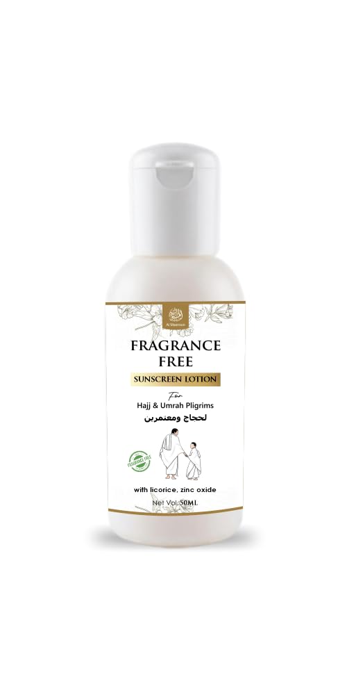 AL MASNOON Fragrance Free Sunscreen Lotion With Zinc Oxide & Licorice For Umrah & Hajj Pilgrims 50ml Pack of 1 / Herbal & Unscen