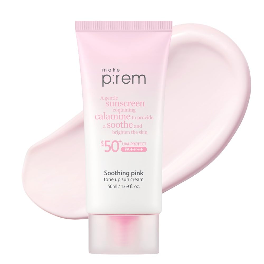 Make P:Rem Soothing Pink Tone Up Sun Cream, Mineral Sunscreen For Dehydrated Skin, Lightweight, Non-Greasy Formula, Skin Tone Co
