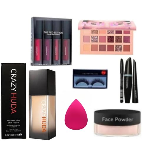 Crazy Huda Complete WomenS Makeup Kit  Red Edition Lipstick, Eyeshadow Palette, Foundation, False Eyelashes, Kajal, Eyeliner, 