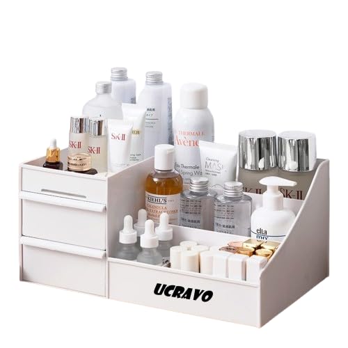 Ucravo Cosmetic Organizer Box With Drawers, Vanity Brush With Holder For Lipstick, Cosmetics Storage For Skin Care, Brushes, Eye