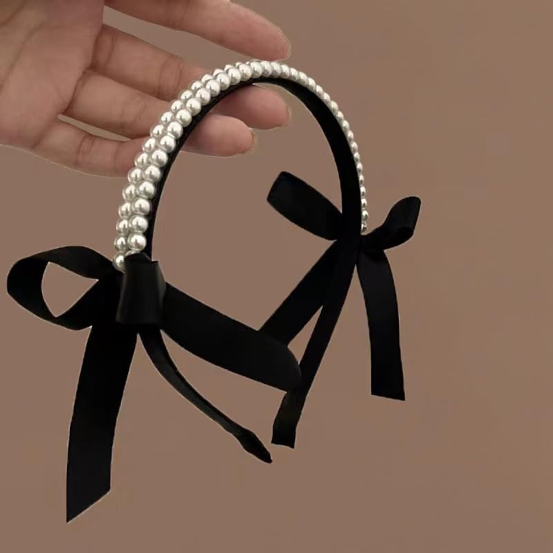 Pearl Headbands for Women Girls Sweet Satin Bow Headbands Non Slip Bridal Hair Hoop Cute Black Turban Headband Bling Beaded Head