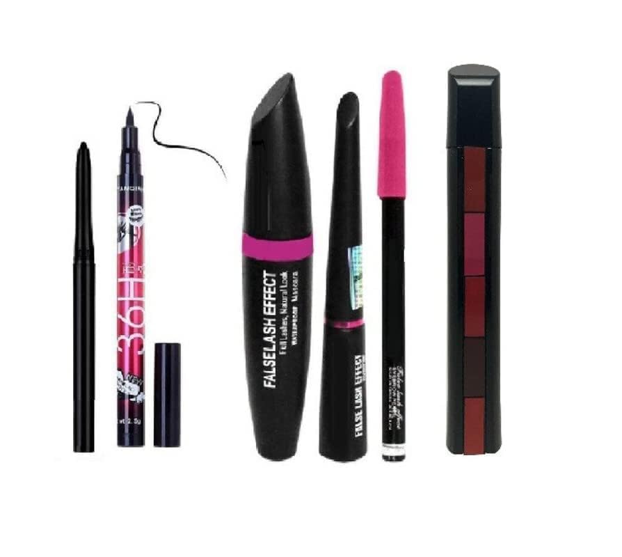 Luhsan Fabulous Beauty Combo Of 3In1 Eyeliner, Mascara, Eyebrow Pencil, 5 Shades Lipstick, 36H Sketch Eyeliner And Waterproof Ka