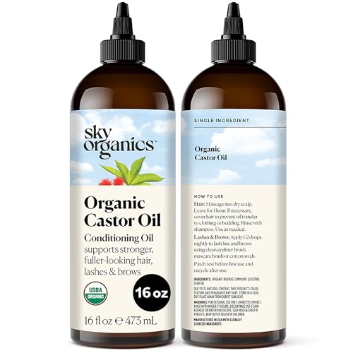Sky Organics Organic Castor Oil for Hair, hexane free Lashes & Brows 100% Pure & Cold-Pressed USDA Certified Organic to Strength