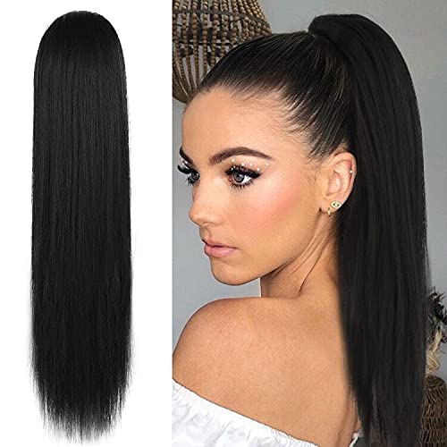 BARSDAR 16 In Drawstring Ponytail Extensions, Short Straight Clip in Black Ponytail Hair Extensions Synthetic Fluffy Pony Tails 
