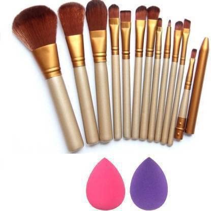 Sunisa 12 Pcs Brown Soft Bristles Makeup Brushes Set For Makeup And 2 Multicolour Beauty Blenders  (Pack Of 14)