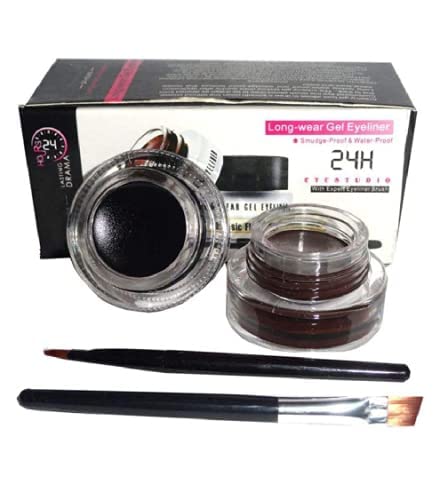 Elitewave 2 In 1 Black And Brown Gel Eyeliner Set Water Proof Smudge Proof, Last For All Day Long, Work Great With Eyebrow