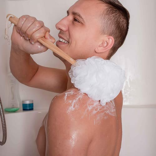 Shower Loofah On A Stick Body & Back Scrubber - Long Handled Mesh Bath Sponge Pouf Luffa Brush On A Stick With A Wood Handle For