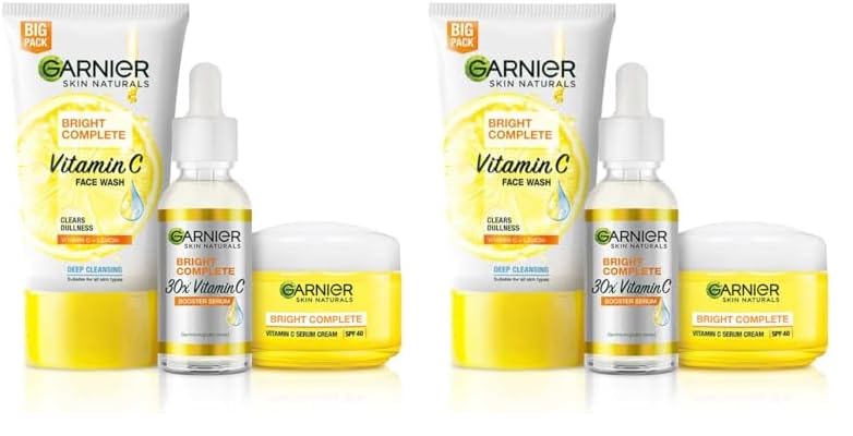 Garnier Bright Complete Vitamin C Brightening Regime Kit For Skincare | Cleanse, Treat And Seal | Reduces Dark Spots, Face Wash 