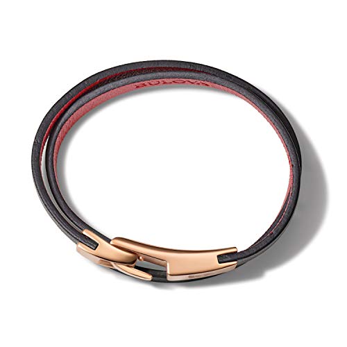 Bulova Jewelry Men's Latin Grammy Double Wrap Black Leather Bracelet with Red Lining and Rose Gold Tone Clasp