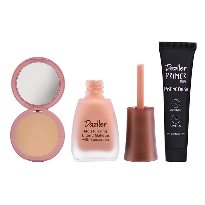 Dazller Face Makeup Essentials  (Sunset R42, 8006), Moisturizing Liquid Makeup, 12Ml + Classique Compact Powder, 9G + Pristine 