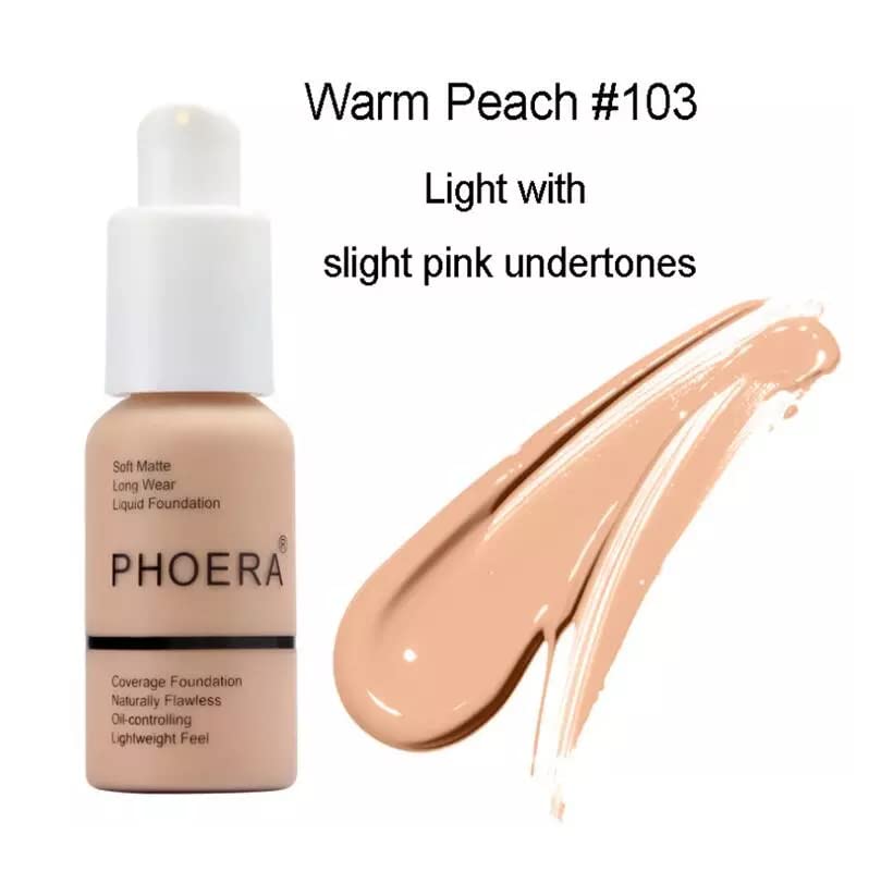 Phoera Full Coverage Foundation Soft Matte Oil Control Concealer 30Ml Flawless Cream Smooth Long Lasting (103 Warm Peach)
