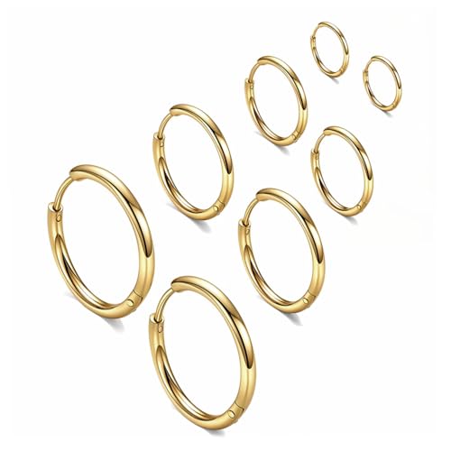Sannidhi 4 Pairs Hoops Earrings For Women Men Stylish Gold Stainless Steel Hoop Earrings 8Mm/10Mm/12Mm/14Mm Hoop Ear Rings Fashi