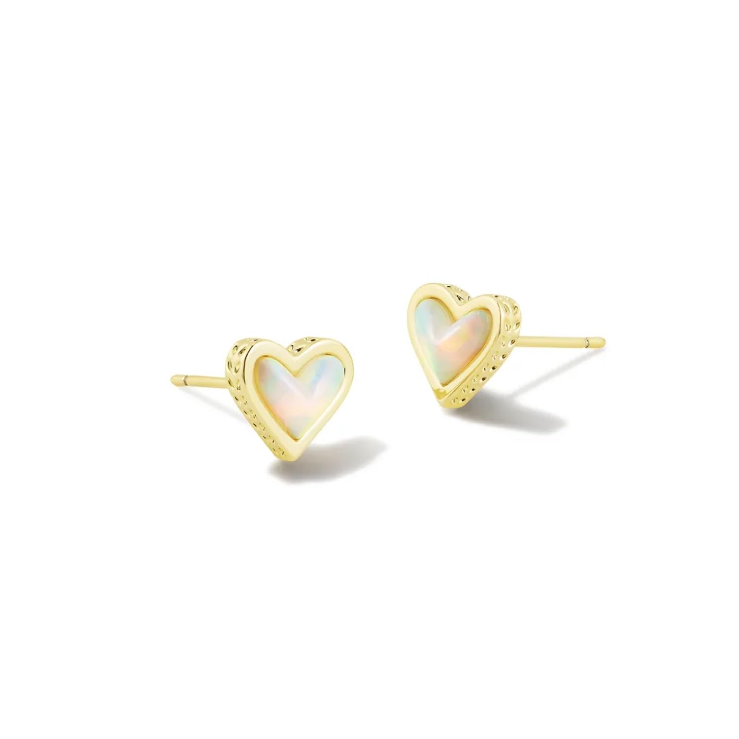 Kendra Scott Framed Ari Heart Stud Earrings for Women, Fashion Jewelry, 14k Gold-Plated Brass, White Opalescent Resin