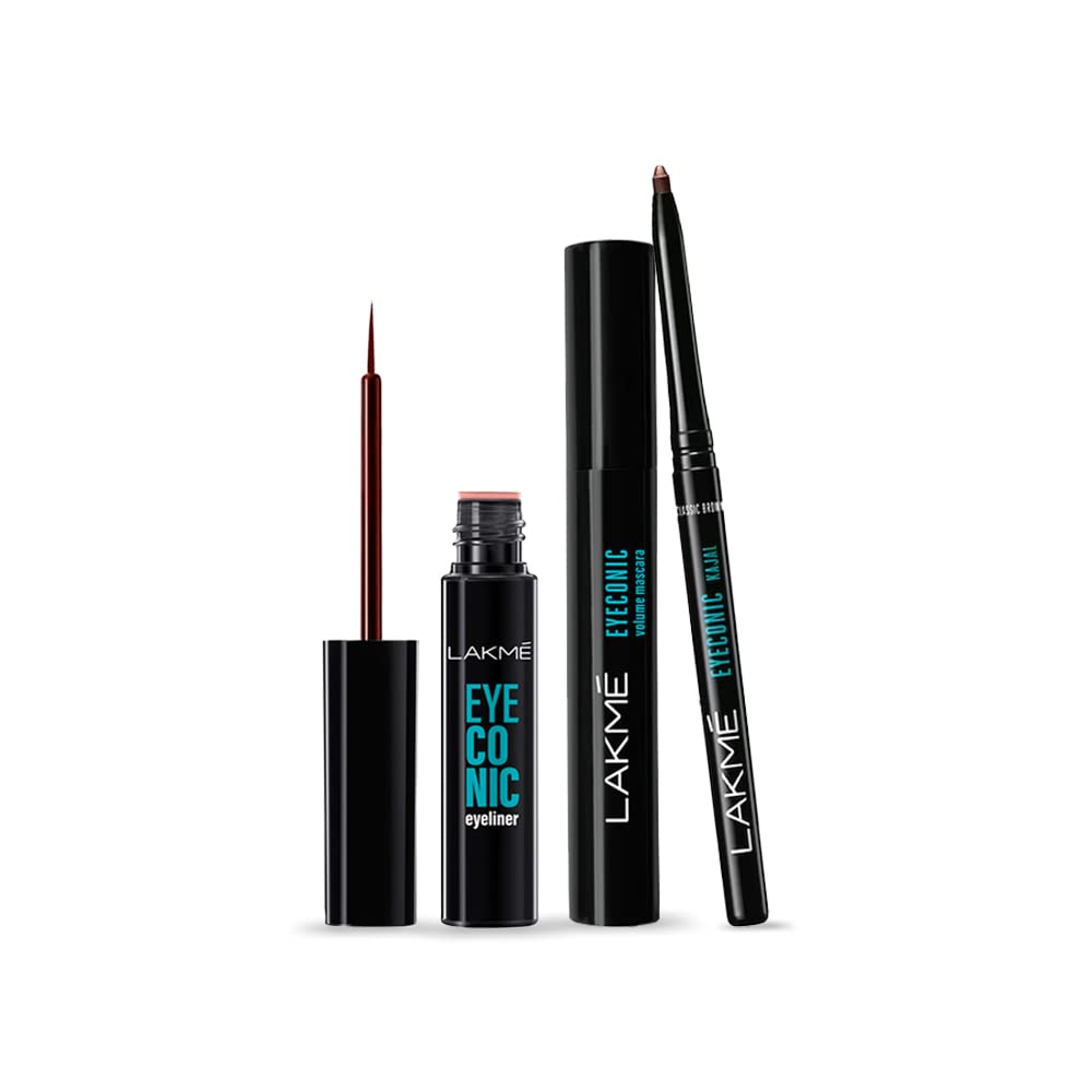 Lakm 9To5 Eyeconic Trio|Set Of 3  Liquid Eyeiner 8.5Ml,Matte Kajal,Classic Brown,Kohl Liner In Twist Up Pencil  Waterproof,Smu