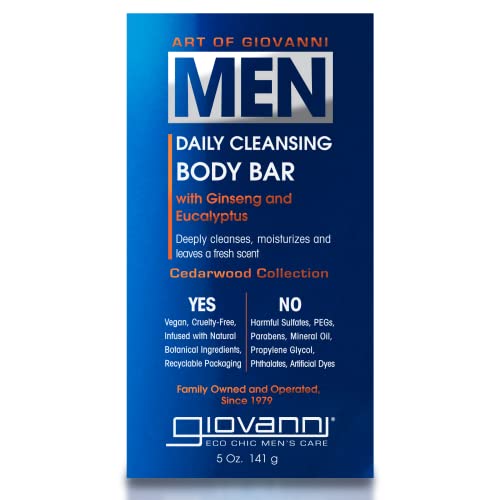 Giovanni Mens Daily Cleansing Body Bar With Ginseng & Eucalyptus, Vegan Friendly, 5 Ounce (Pack Of 1)