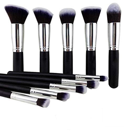 Datnasayad 10 Pieces Makeup Brushes Set Tool Pro Foundation Eyeliner Eyeshadow (Black) With Sponge Puff (Colour May Vary)