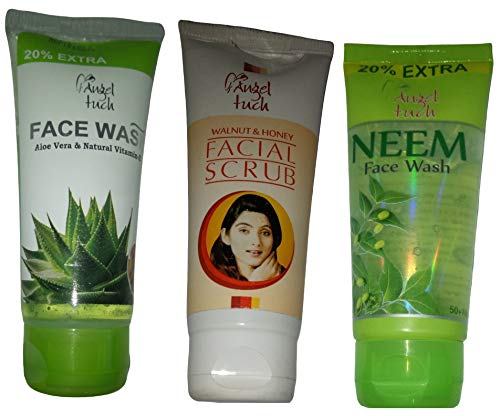 Angel Touch Combo Of Neem Face Wash, Aloe Vera Face Wash Gel Tube With Wheat Germ Oil And Vitamin E & Walnut & Honey Scrub Tube 