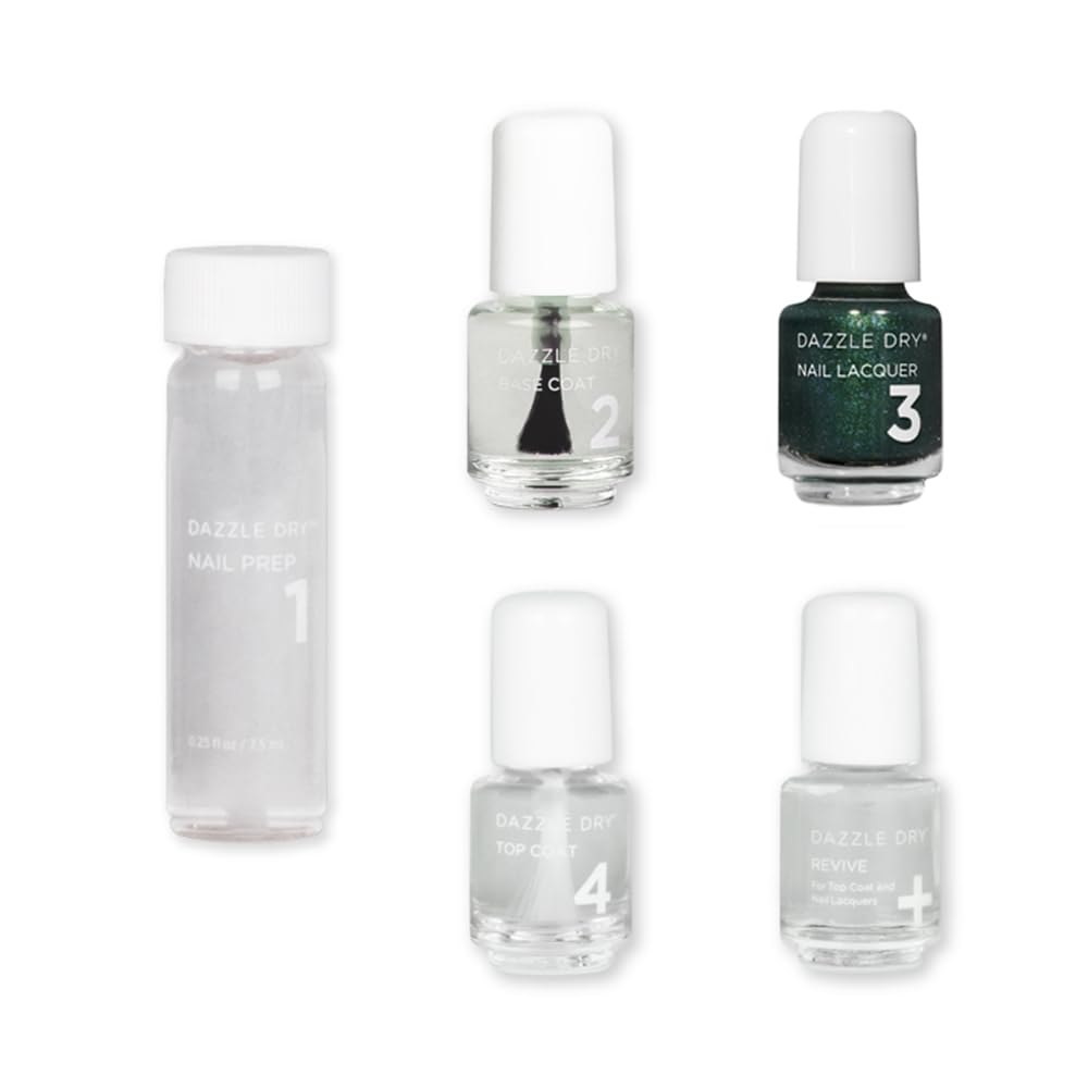 Dazzle Dry Mini Kit 4 Step System - Evergreen - A pine green with blue glitter flecks. Full-coverage glitter. (5 Piece Kit / 5 M