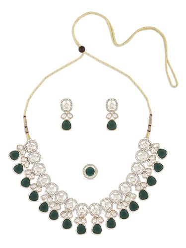 Zaveri Pearls Green Kundan Stones & Austrian Diamonds Necklace Earring & Ring Set For WomenZpfk16763