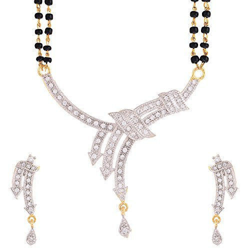 ZENEME Mangalsutra Gold Plated American Diamond Studded Tanmaniya Nallapusalu With Earrings Jewellery For Women (Style 9)