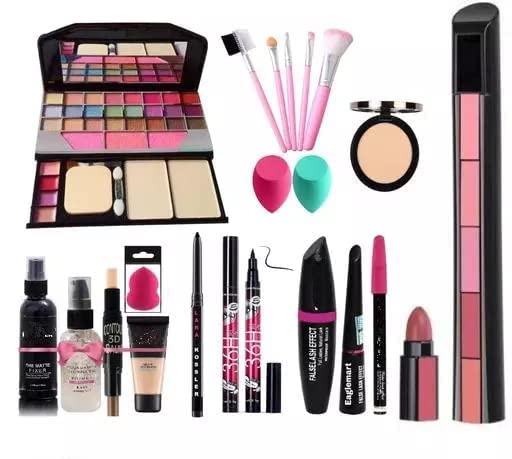 Jaayansha Tya 6155 Makeup Kit With 5 Pink Makeup Brushes, 3In1 Combo, 36H Eyeliner, Kajal, Compact, Lipstick, Fixer, Primer, Con