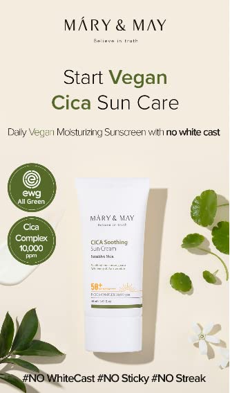 Mary&May Cica Soothing Sun Cream Spf50+ Pa++++ 50Ml, Korean Sunscreen Face, No Sticky, No Streak, No White Cast, Sun Block, Cica