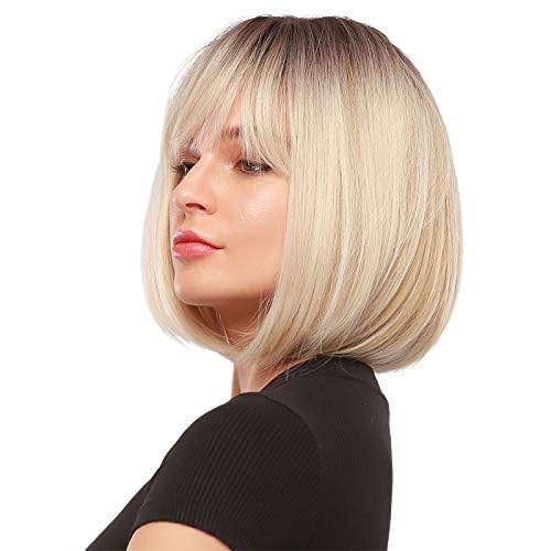 EMMOR Short Ombre Blonde Wig for Women - Natural Synthetic Hair Bob Wigs With Bang, Party Cosplay Daily Use (2pcs Free Wig Cap)