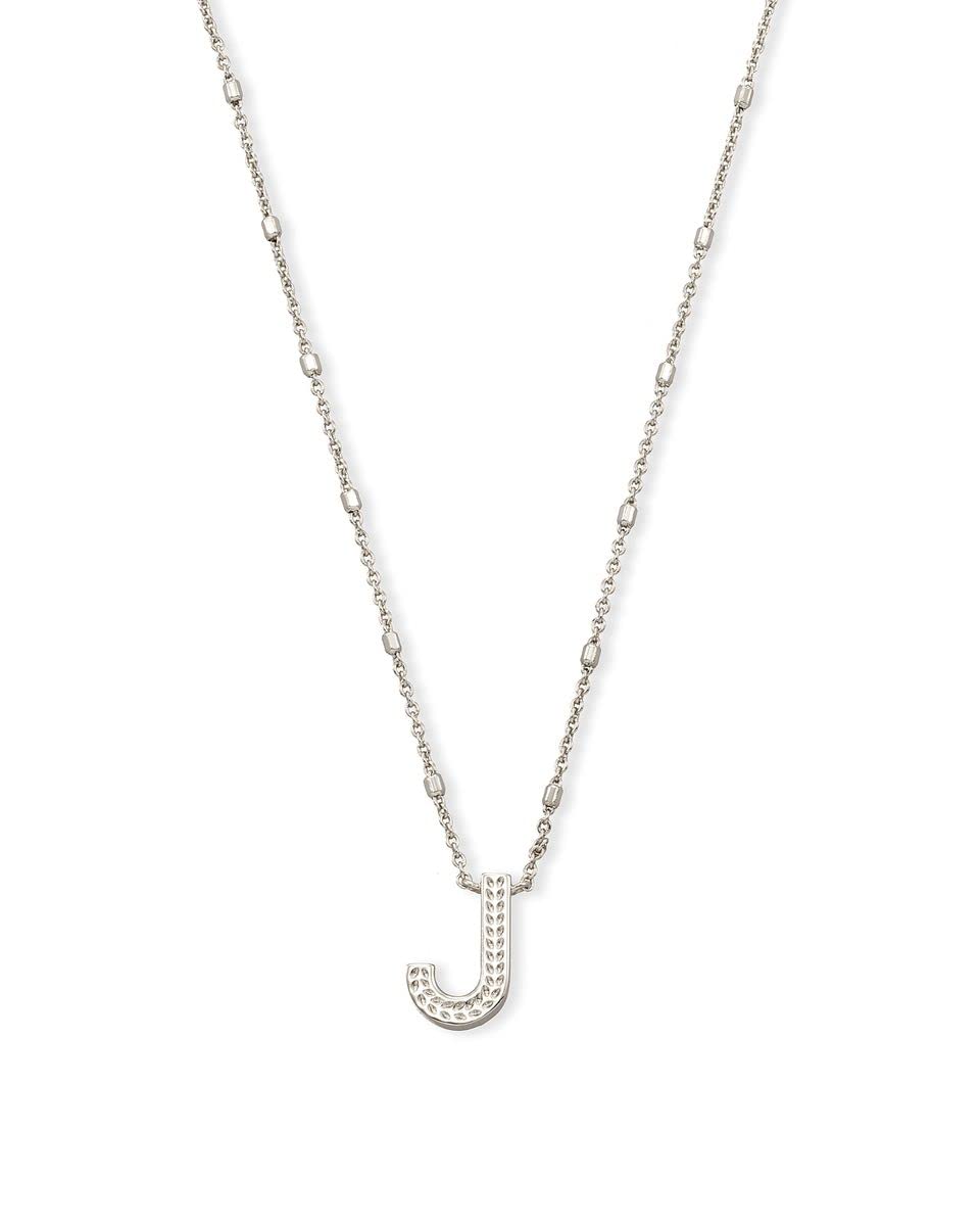 Kendra Scott Letter J Pendant Necklace for Women, Fashion Jewelry, Rhodium-Plated Brass, Rhodium Metal, Letter J