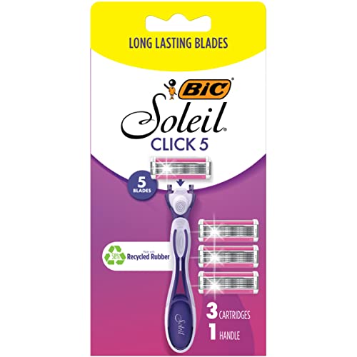 Bic Click 5 Soleil Women'S Disposable Razors, 5 Blades With A Moisture Strip For A Smoother Shave, 1 Handle And 3 Cartridges, 4