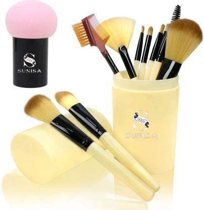 Sunisa Golden Soft Synthetic Bristle Light Weight Multipurpose Makeup Brushes Set Of 12 And 1 Pink Mushroom Head Beauty Blender 