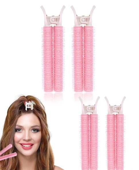4Pcs Pink Hair Rollers with Clip,Portable Hair Volume Clip,Volumizing Hair Root Clips,Bangs Curler DIY,Self Grip Volume Root,Hai