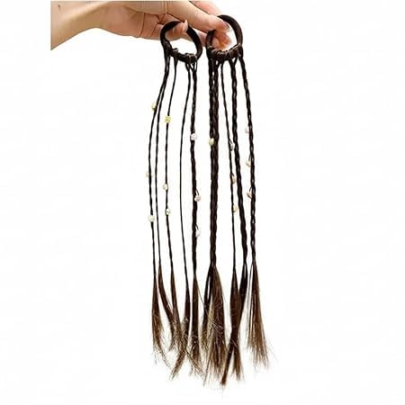 Ziory Braided Hair Extension With Rubber Band, Brown, Synthetic Hair With Beads, 2 Pieces, 14 Years+
