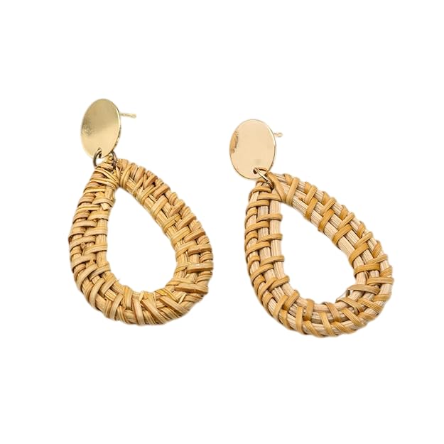 Artklim Natural Rattan Loop Dangle Earrings For Women & Girls | Lightweight Handmade Drop Shape | Gold Stud Boho Western Earring