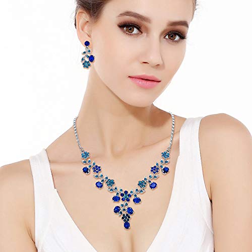 EVER FAITH Bridal Jewelry for Bride, Austrian Crystal Cluster Flower Leaf Wedding Necklace Earrings Sets Blue Silver-Plated-Base