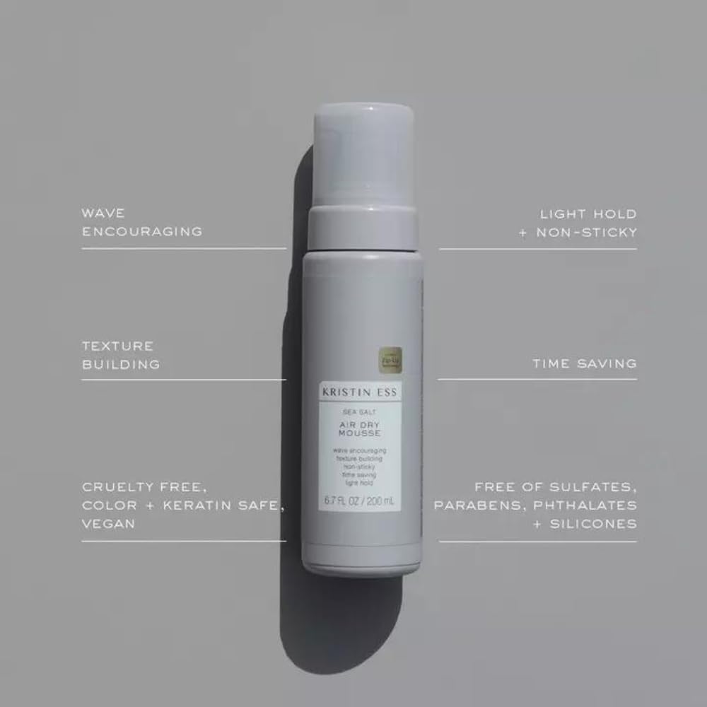 Kristin Ess Hair Sea Salt Air Dry Mousse for Volume + Texture - Styling Product For Wavy + Curly Hair, Light Hold, For Fine to M