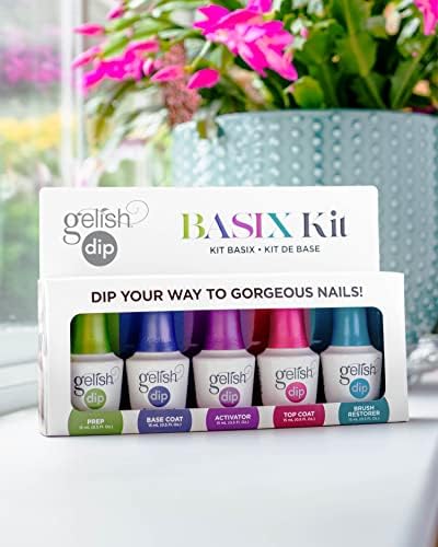 Gelish Dip Basix Kit - Prep, Base Coat, Activator, Top Coat & Brush Restorer - Easy, Odor-Free, No UV or LED Lamp Required for L