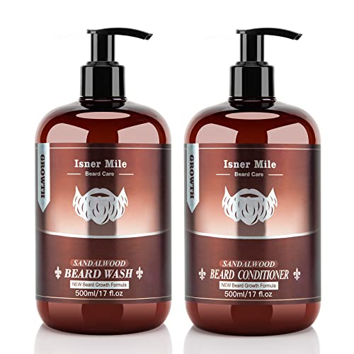 Beard Wash & Beard Conditioner Set (17Oz) Natural Sandalwood Men Beard Shampoo Conditioner Kit With Biotin, Argan Jojoba Oil, De