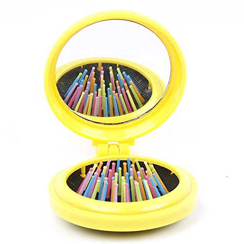 Frackosn Yellow Round Travel Mini Hair Comb With Make Up Mirror Pocket Hair Brush Folding Hair Brush For Travel,Gift For Friends