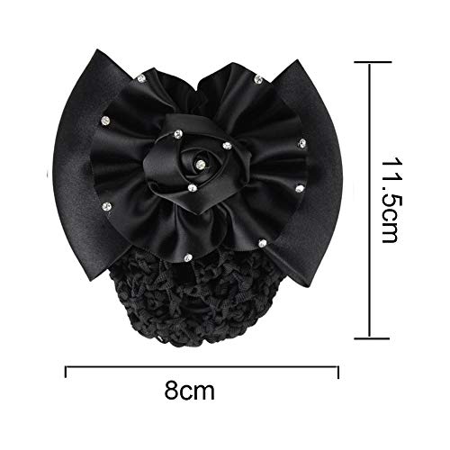 Women's Rhinestone Satin Bow Hair Accessory - Barrette, Bowknot Snood, and Net Hair Clip for Hotel, Airline, and Medical Profess