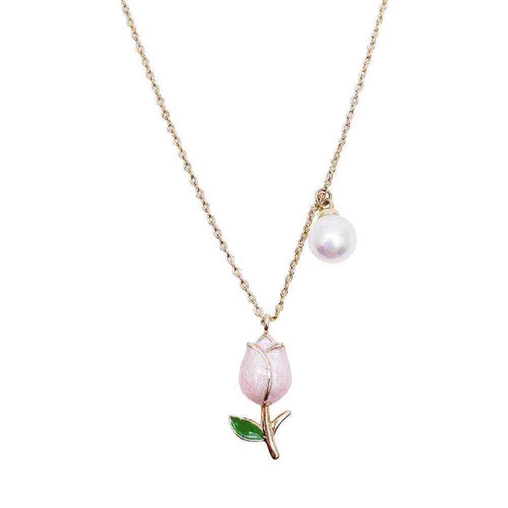 El Regalo 1Pc Tulip Flower Bud Pearl Pendant Necklace For Girls & Women Pink Oil Dripping Enamel Tulip Flower Necklace (Tulip B