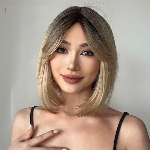 EMMOR Short Ombre Blonde Wig for Women - Natural Synthetic Hair Bob Wigs With Bang, Party Cosplay Daily Use (2pcs Free Wig Cap)