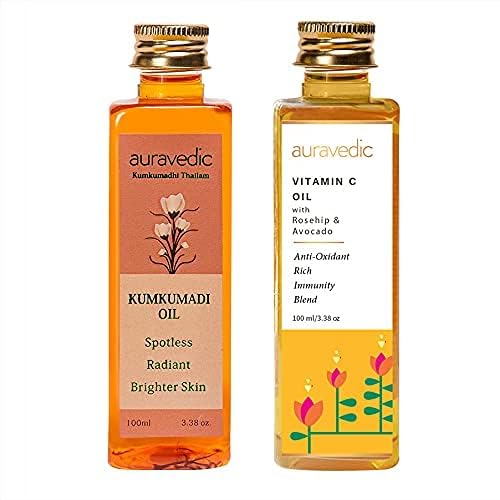 Auravedic Kumkumadi Saffron & Vitamin C Oil | Hydrating Face Moisturizer | Helps Reduce Fine Lines & Nourishes Dry, Dull Skin |