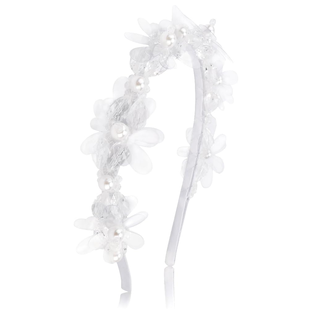 AHONEY Headband, White Flower Headpiece for Women and Girls, Elegant Dressy Hair Band with Pearl, Acrylic, Crystal Beads, Resin 