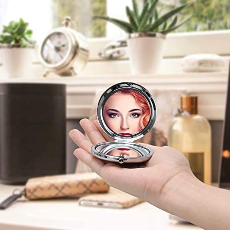 Mpowtech Blue Magnifying Compact Mirror For Purse - 1X/2X Magnification Travel Makeup Mirror,Small Flower Pocket Mirror,Handheld